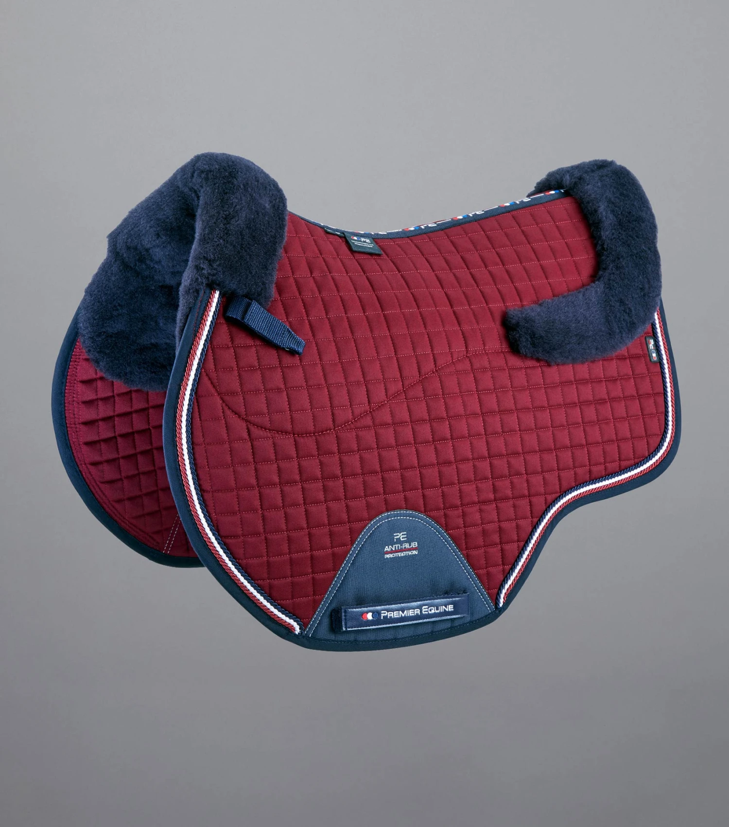 Close Contact Merino Wool European Saddle Pad - GP/Jump Square Close Contact Merino Wool European Saddle Pad - GP/Jump Square -Premier Equine Store Close Contact Merino Wool European Half Lined GP Jump Square Burgundy Navy 1