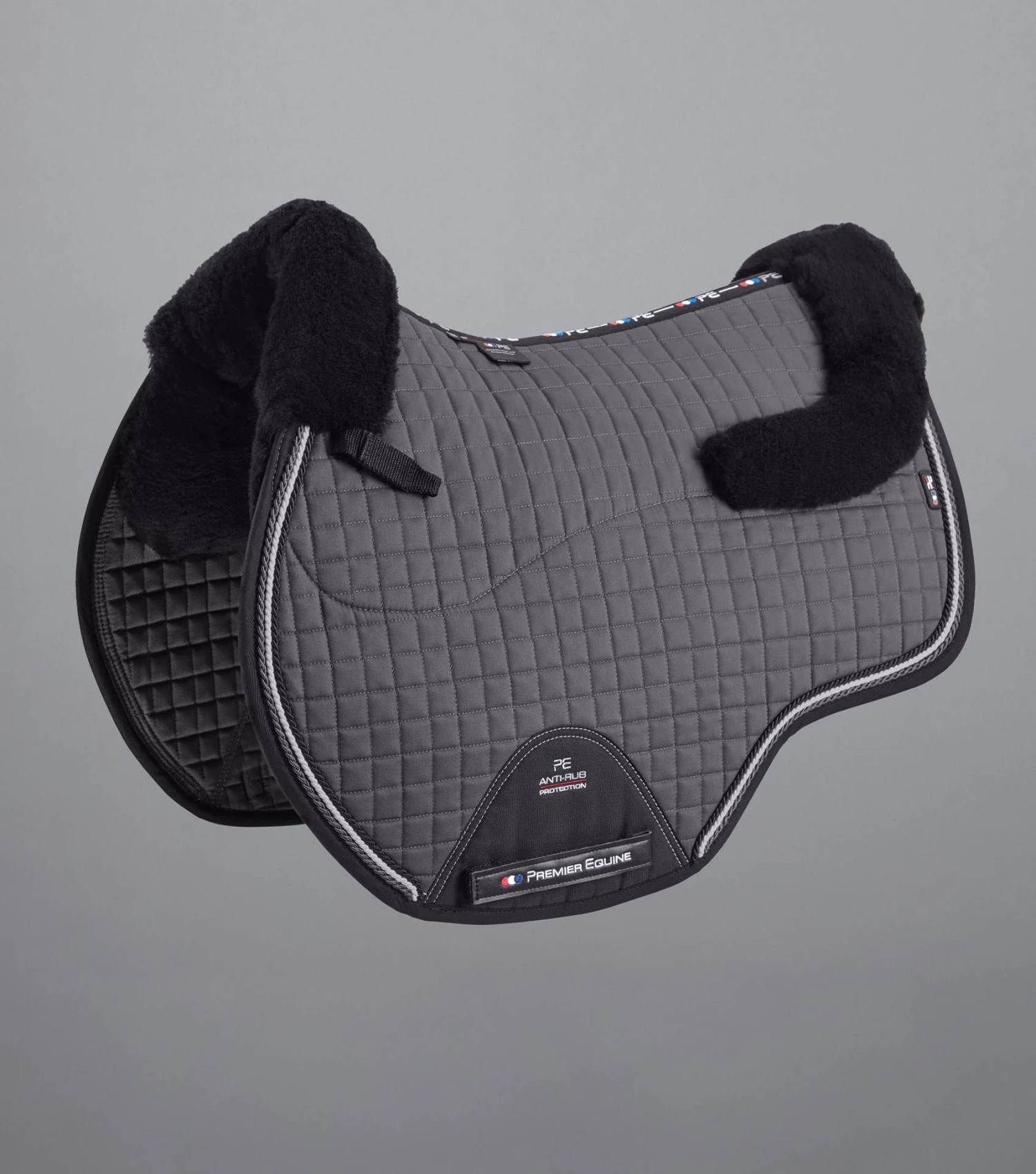 Close Contact Merino Wool European Saddle Pad - GP/Jump Square Close Contact Merino Wool European Saddle Pad - GP/Jump Square -Premier Equine Store Close Contact Merino Wool European Half Lined GP Jump Square Grey Black 1