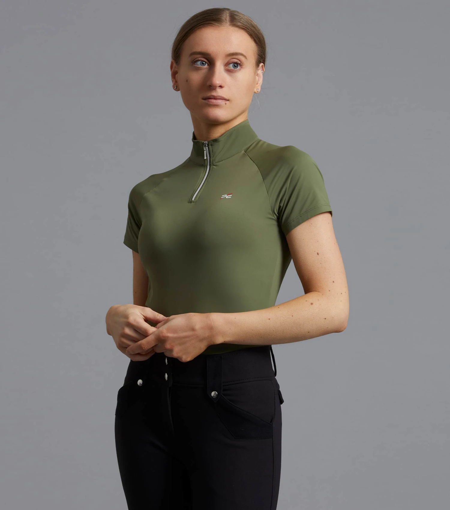 Aura Ladies Short Sleeve Riding Top Aura Ladies Short Sleeve Riding Top -Premier Equine Store aura top olive 1