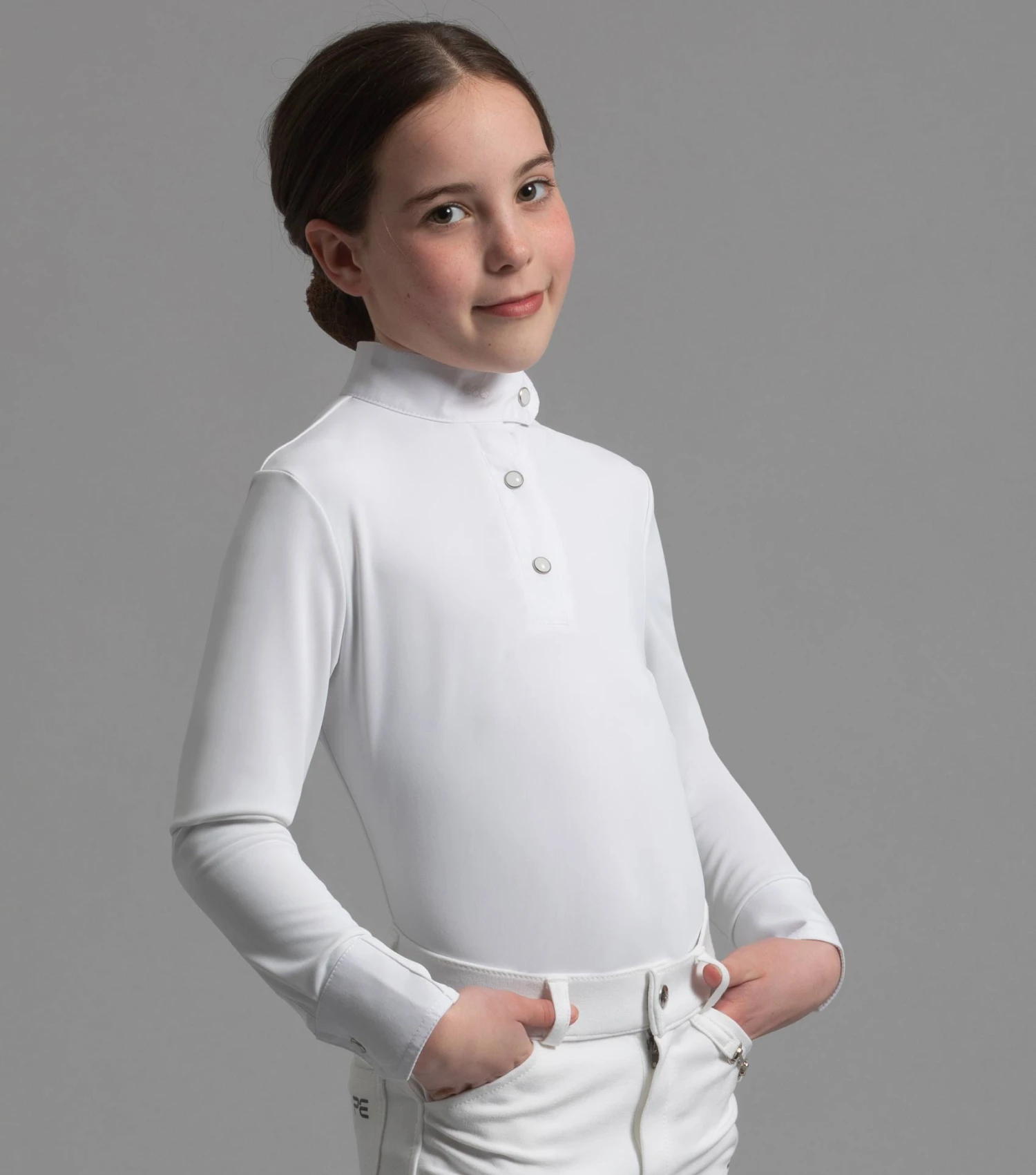 Rossini Girls Lycra Show Shirt Rossini Girls Lycra Show Shirt -Premier Equine Store rossini kids competition shirt white 1
